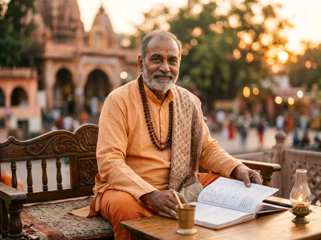 A Vedic astrologer (acharya) in saffron with a rudraksha mala, reading a janma-kundli chart at a temple courtyard at sunset